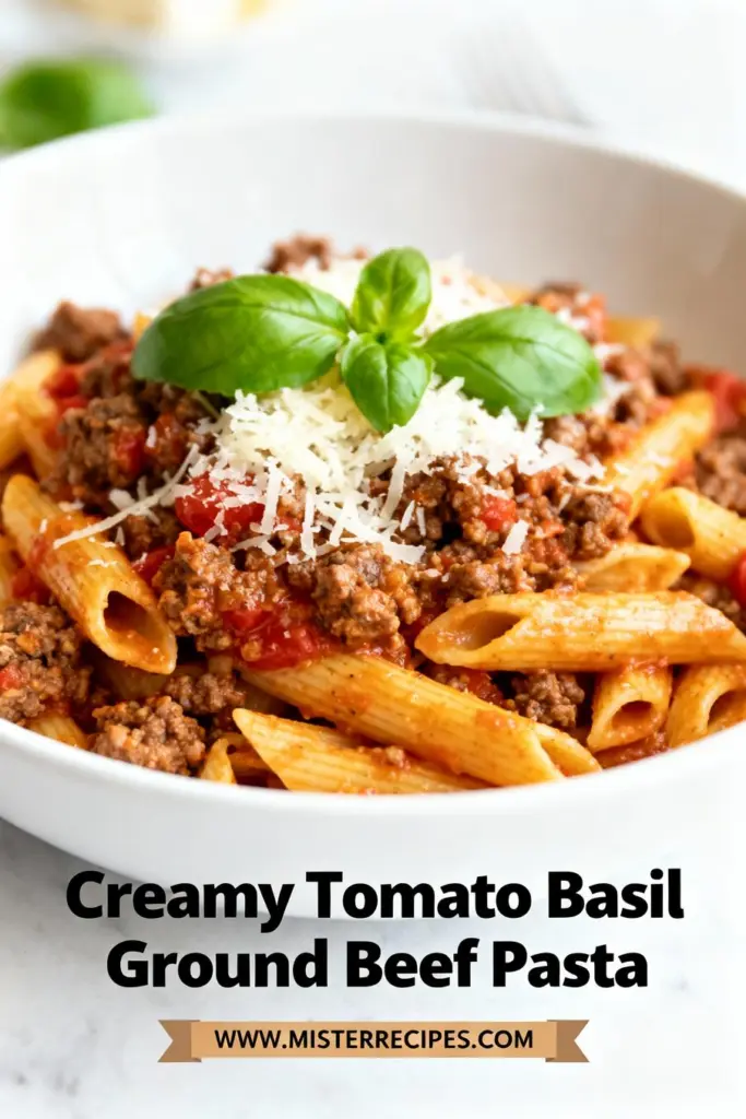image of fresh ingredients for creamy tomato basil ground beef pasta mise en place arranged on white marble kitchen counter with healthy clear glass bowls and rustic brown wooden kitchen sets under soft diffuse daylight