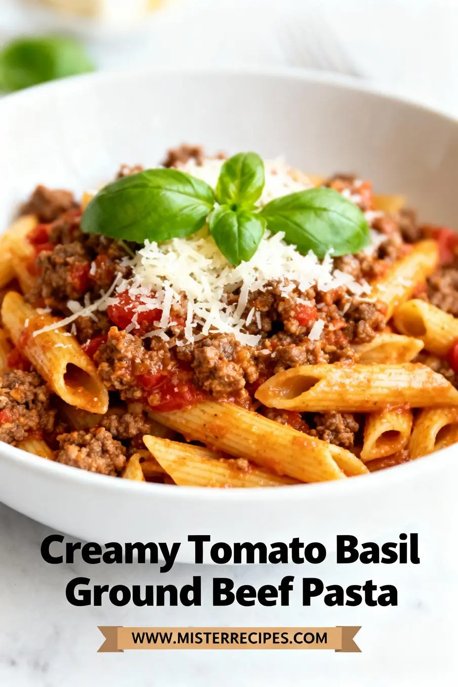 image of fresh ingredients for creamy tomato basil ground beef pasta mise en place arranged on white marble kitchen counter with healthy clear glass bowls and rustic brown wooden kitchen sets under soft diffuse daylight