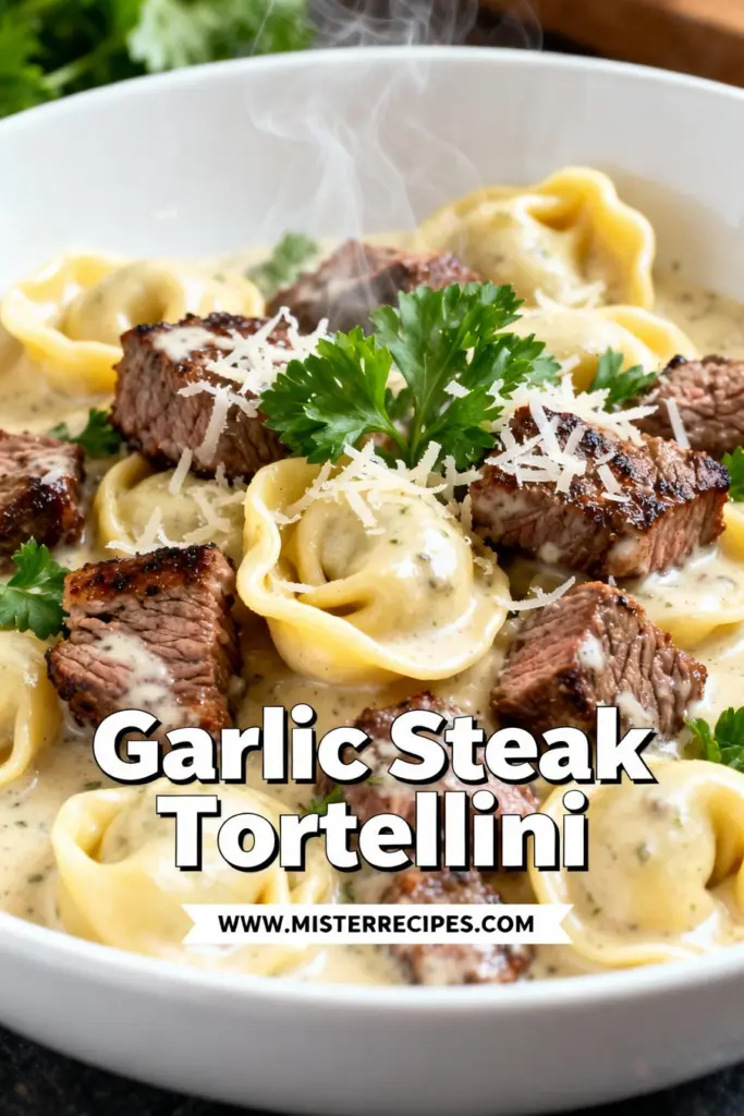 image of sirloin or strip steak cheese tortellini fresh minced garlic grated parmesan cheese olive oil or avocado oil butter heavy cream milk or chicken broth Italian seasoning salt black pepper onion paprika red pepper flakes zucchini bell peppers tomatoes fresh parsley or basil pesto arranged on a white marble kitchen counter with clear glass bowls and rustic brown wooden kitchen sets under soft diffuse daylight