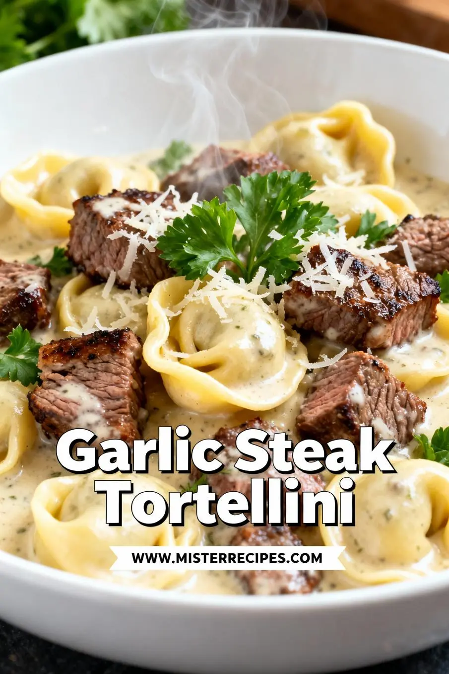 image of sirloin or strip steak cheese tortellini fresh minced garlic grated parmesan cheese olive oil or avocado oil butter heavy cream milk or chicken broth Italian seasoning salt black pepper onion paprika red pepper flakes zucchini bell peppers tomatoes fresh parsley or basil pesto arranged on a white marble kitchen counter with clear glass bowls and rustic brown wooden kitchen sets under soft diffuse daylight
