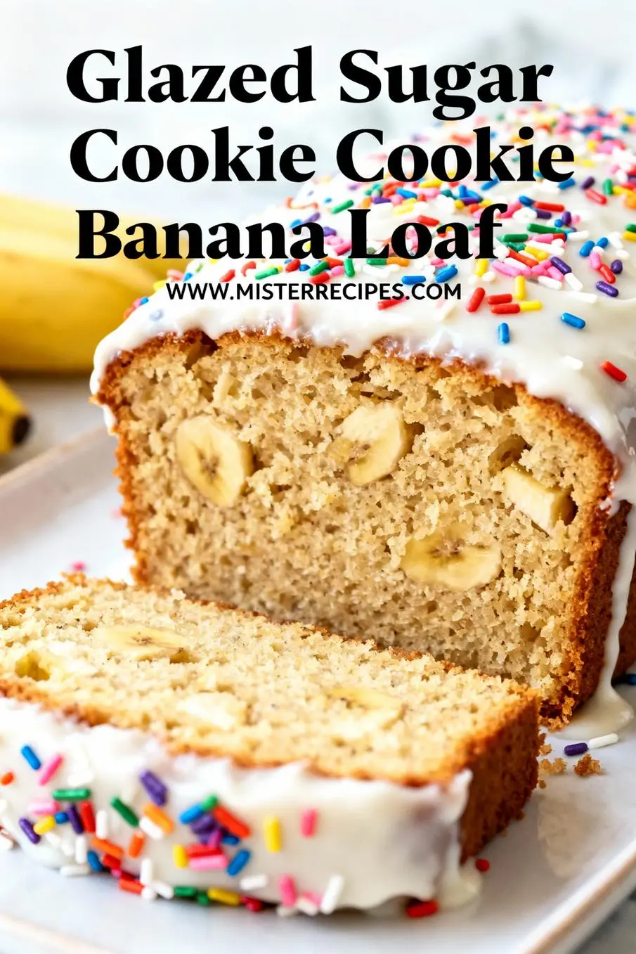 image of realistic top down mise en place shot overripe bananas butter brown sugar flour egg milk vanilla extract almond extract baking soda baking powder salt sprinkles clear glass bowls rustic brown wooden kitchen sets white marble counter soft diffuse daylight food photography