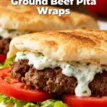 image of realistic top down mise en place shot showing fresh ingredients ground beef sirloin lean pita bread soft whole wheat low carb Greek yogurt tzatziki sauce cucumber tomato onion white red garlic fresh herbs parsley mint cilantro feta cheese olive oil lemon juice oregano cumin coriander paprika thyme cayenne pepper salt black pepper tomato paste hummus pine nuts almonds dill red wine vinegar green onions sumac zaatar capers olives arranged on white marble kitchen counter with clear glass bowls and rustic brown wooden kitchen sets under soft diffuse daylight