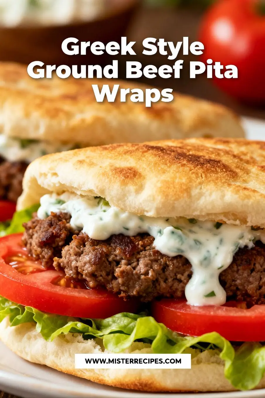 image of realistic top down mise en place shot showing fresh ingredients ground beef sirloin lean pita bread soft whole wheat low carb Greek yogurt tzatziki sauce cucumber tomato onion white red garlic fresh herbs parsley mint cilantro feta cheese olive oil lemon juice oregano cumin coriander paprika thyme cayenne pepper salt black pepper tomato paste hummus pine nuts almonds dill red wine vinegar green onions sumac zaatar capers olives arranged on white marble kitchen counter with clear glass bowls and rustic brown wooden kitchen sets under soft diffuse daylight