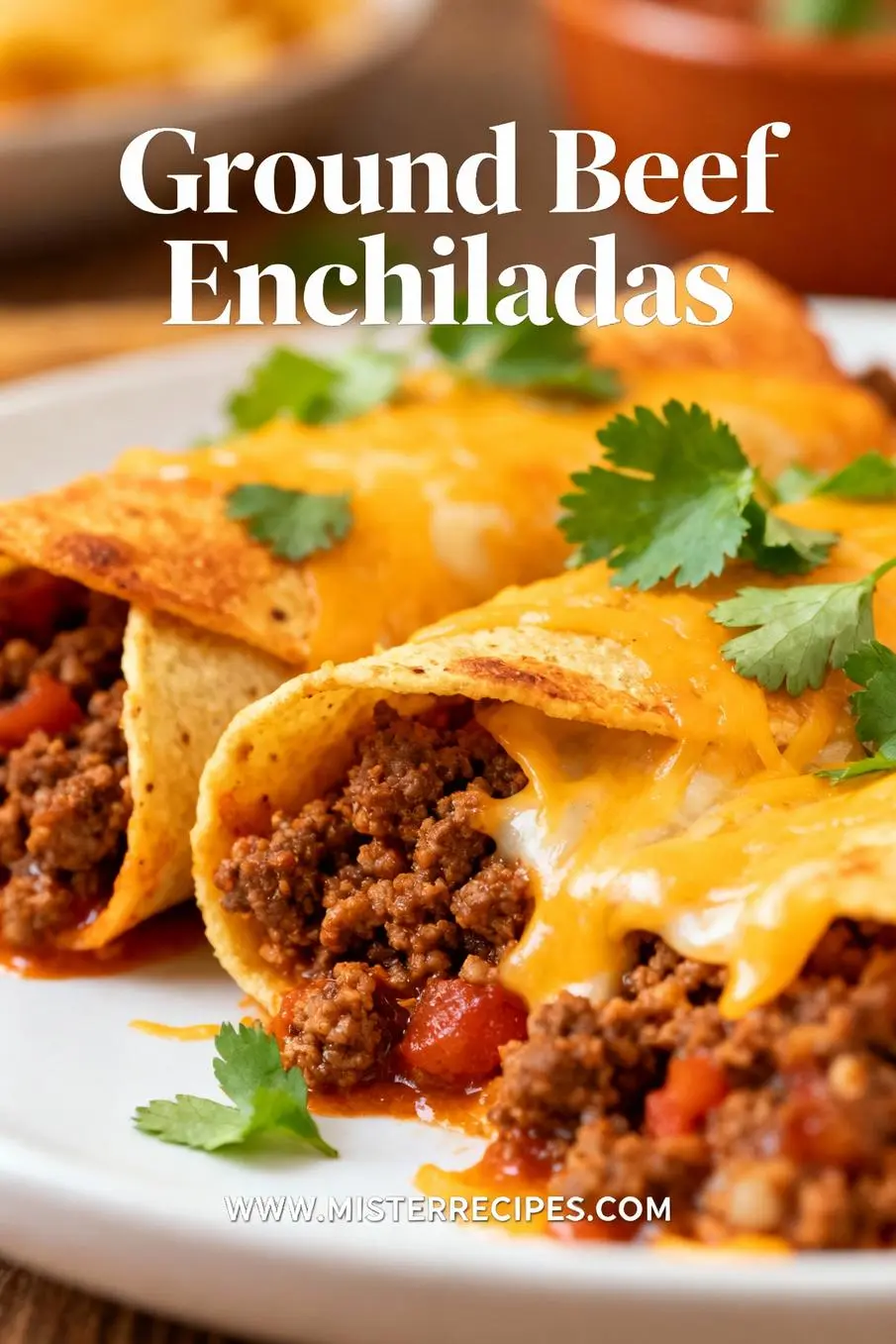 image of fresh ingredients arranged on a white marble kitchen counter with healthy clear glass bowls and rustic brown wooden kitchen sets under soft diffuse daylight ground beef corn tortillas enchilada sauce red cheddar cheese Monterey Jack cheese onion garlic taco seasoning cumin chili powder oregano canned diced green chiles refried beans cilantro sour cream pico de gallo diced avocado olives green onions jalapenos bell peppers lean ground beef Mexican cheese blend cream cheese roasted poblano peppers