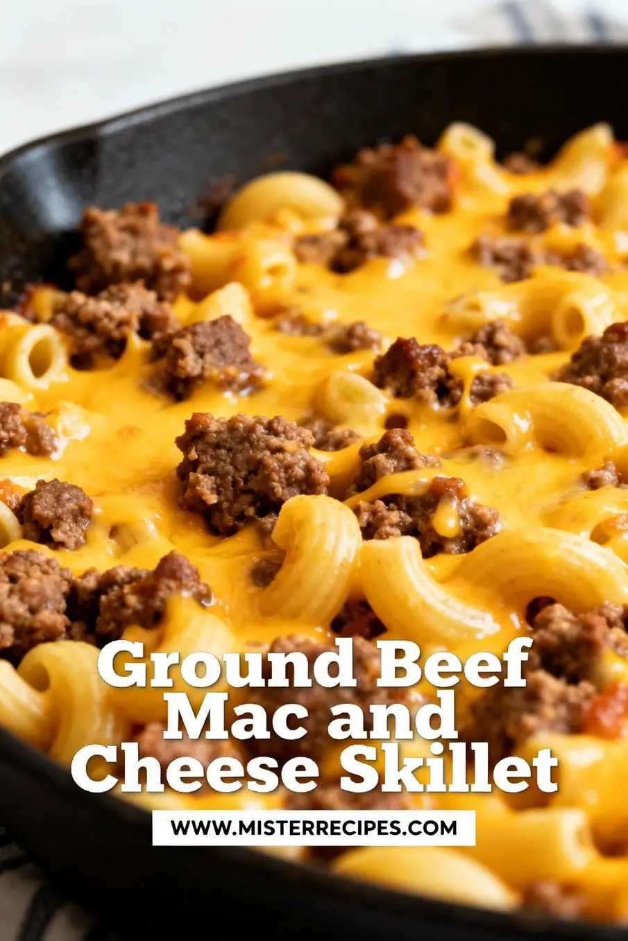 image of top down mise en place shot fresh ingredients ground beef elbow macaroni cheddar cheese onion garlic milk butter flour tomato sauce sour cream parmesan chili powder arranged on white marble kitchen counter with clear glass bowls and rustic brown wooden cutting boards under soft diffuse daylight