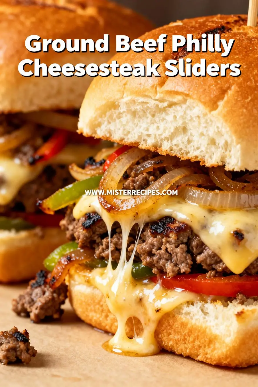 image of realistic top down mise en place shot showing fresh ingredients ground beef green bell pepper onion provolone cheese slider rolls garlic powder salt pepper onion powder cream cheese butter garlic salt mushrooms Worcestershire sauce beef broth arranged on a white marble kitchen counter with clear glass bowls and rustic brown wooden kitchen sets under soft diffuse daylight