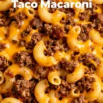 image of top down mise en place shot of fresh ground beef elbow macaroni taco seasoning onion bell pepper cheddar cheese Rotel tomatoes beef broth milk on white marble kitchen counter with clear glass bowls and rustic brown wooden kitchen sets soft diffuse daylight