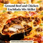 image of ground beef shredded chicken enchilada sauce corn tortillas shredded cheese yellow onion bell pepper garlic black beans corn diced tomatoes green chilies chicken broth olive oil fresh cilantro avocado sour cream arranged on white marble counter with glass bowls rustic wooden kitchen sets soft daylight