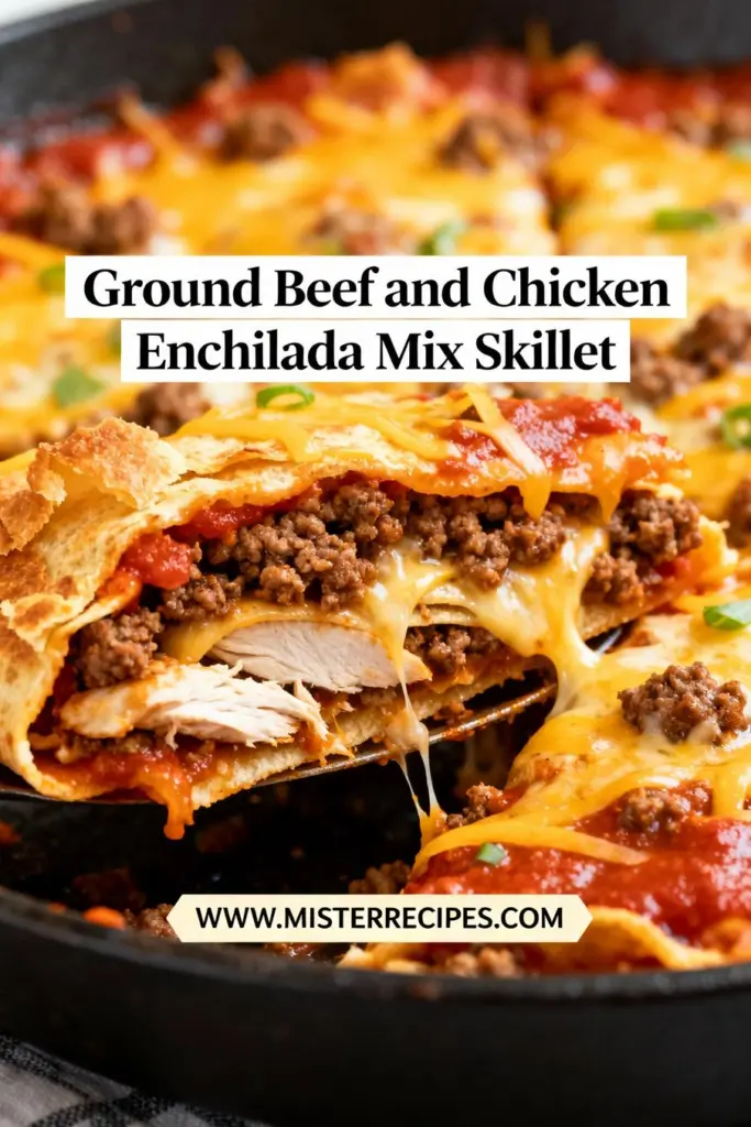 image of ground beef shredded chicken enchilada sauce corn tortillas shredded cheese yellow onion bell pepper garlic black beans corn diced tomatoes green chilies chicken broth olive oil fresh cilantro avocado sour cream arranged on white marble counter with glass bowls rustic wooden kitchen sets soft daylight