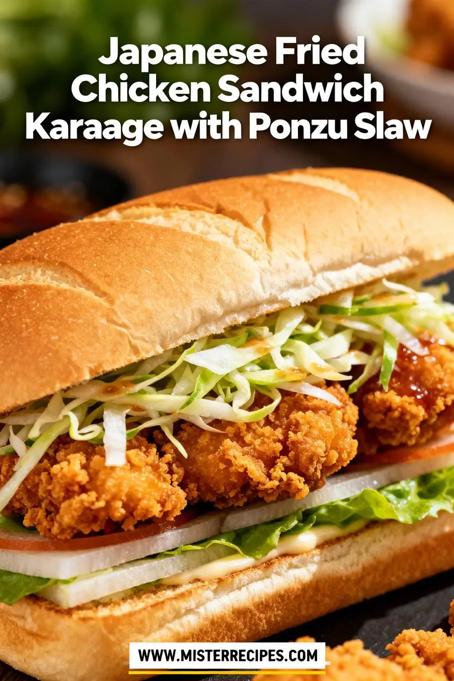 image of chicken thighs potato starch soy sauce ginger sake ponzu cabbage slaw Kewpie mayo rice vinegar sesame oil honey sriracha scallions sesame seeds lemon yuzu kosho flour mirin in clear glass bowls and rustic brown wooden kitchen sets on a white marble kitchen counter under soft diffuse daylight