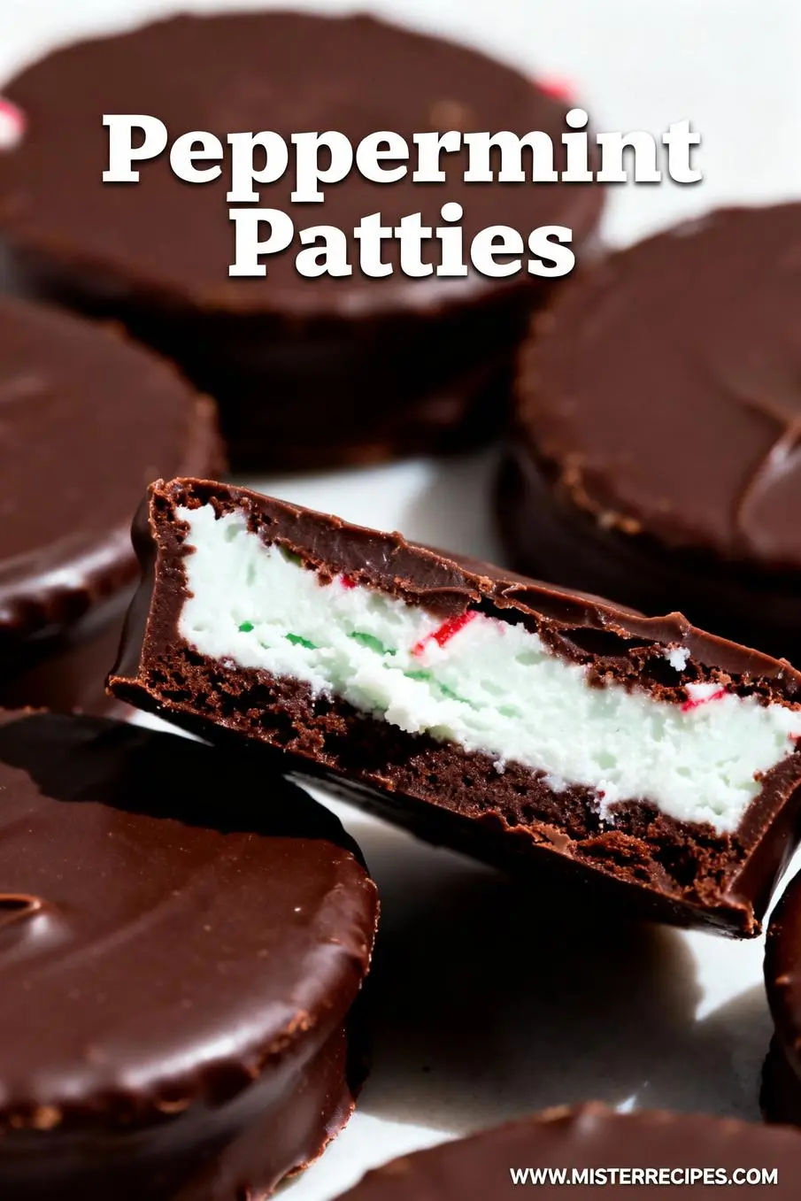 image of a close up shot from above of fresh powdered sugar confectioners sugar peppermint extract dark semi sweet chocolate sweetened condensed milk light corn syrup unsalted butter vanilla extract water salt coconut oil arranged on a white marble kitchen counter with healthy clear glass bowls and rustic brown wooden kitchen sets under soft diffuse daylight