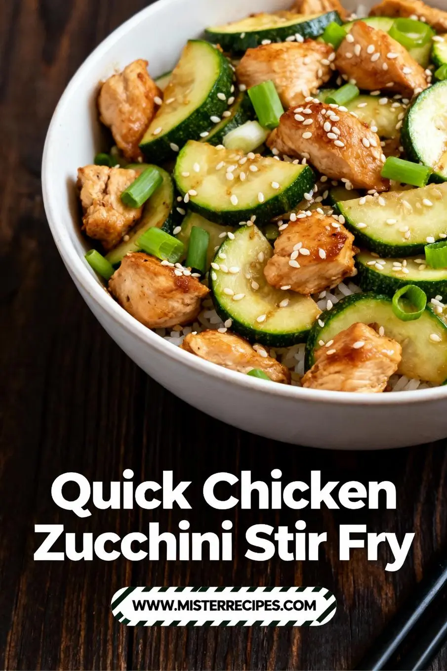 image of realistic top down mise en place shot showing fresh chicken zucchini garlic ginger onion soy sauce sesame oil red chili green onions sesame seeds carrots broccoli arranged on a white marble kitchen counter with healthy clear glass bowls and rustic brown wooden kitchen sets under soft diffuse daylight