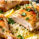 image of a close up shot of a top down mise en place of fresh ingredients for slow cooker lemon herb chicken and rice on a white marble kitchen counter healthy clear glass bowls rustic brown wooden kitchen sets soft diffuse daylight chicken thighs bone in or boneless chicken breasts long grain white rice jasmine rice chicken broth or stock lemons juice and zest garlic minced or chopped onion or leeks olive oil or butter salt black pepper dried thyme dried oregano Italian seasoning paprika onion powder garlic powder crushed red pepper flakes fresh parsley or cilantro for garnish