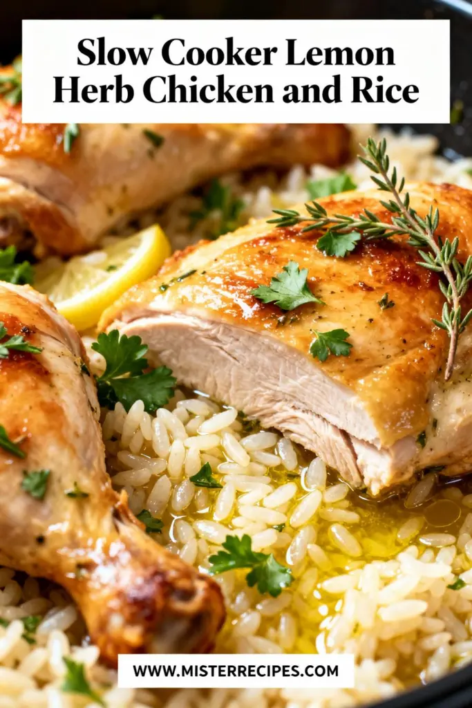 image of a close up shot of a top down mise en place of fresh ingredients for slow cooker lemon herb chicken and rice on a white marble kitchen counter healthy clear glass bowls rustic brown wooden kitchen sets soft diffuse daylight chicken thighs bone in or boneless chicken breasts long grain white rice jasmine rice chicken broth or stock lemons juice and zest garlic minced or chopped onion or leeks olive oil or butter salt black pepper dried thyme dried oregano Italian seasoning paprika onion powder garlic powder crushed red pepper flakes fresh parsley or cilantro for garnish