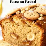 image of realistic top down mise en place shot very ripe mashed bananas unsalted butter brown sugar granulated sugar eggs all purpose flour baking powder baking soda salt vanilla extract almond extract milk rainbow jimmies sprinkles sour cream chocolate chips walnuts cinnamon nutmeg arranged on a white marble kitchen counter healthy clear glass bowls rustic brown wooden kitchen sets soft diffuse daylight