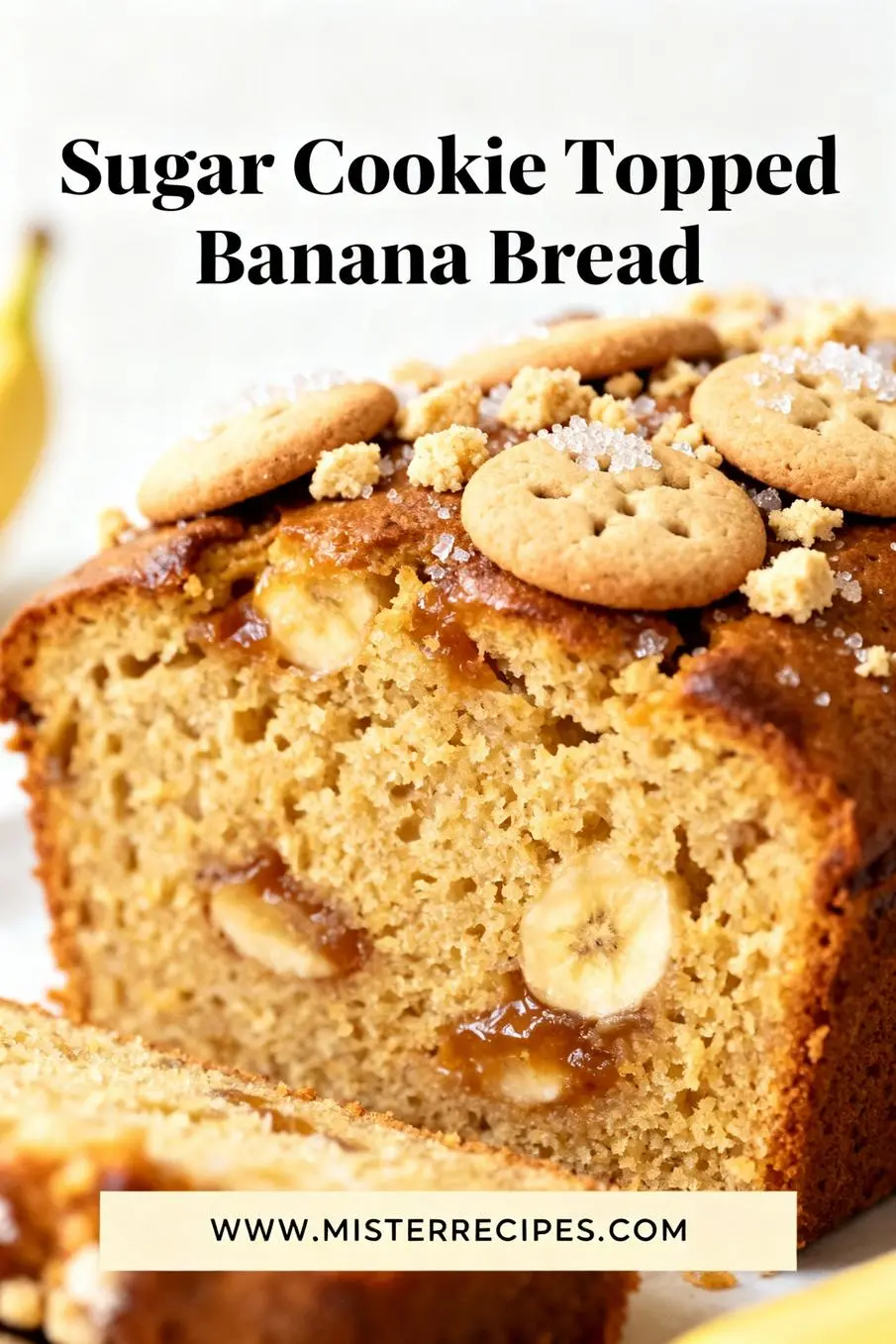 image of realistic top down mise en place shot very ripe mashed bananas unsalted butter brown sugar granulated sugar eggs all purpose flour baking powder baking soda salt vanilla extract almond extract milk rainbow jimmies sprinkles sour cream chocolate chips walnuts cinnamon nutmeg arranged on a white marble kitchen counter healthy clear glass bowls rustic brown wooden kitchen sets soft diffuse daylight