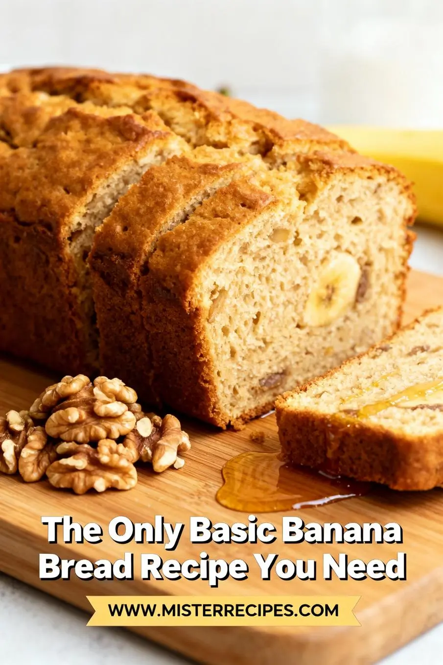 image of ripe bananas all purpose flour granulated sugar eggs unsalted butter baking soda salt vanilla extract on a white marble kitchen counter top down mise en place clear glass bowls rustic brown wooden kitchen sets soft diffuse daylight