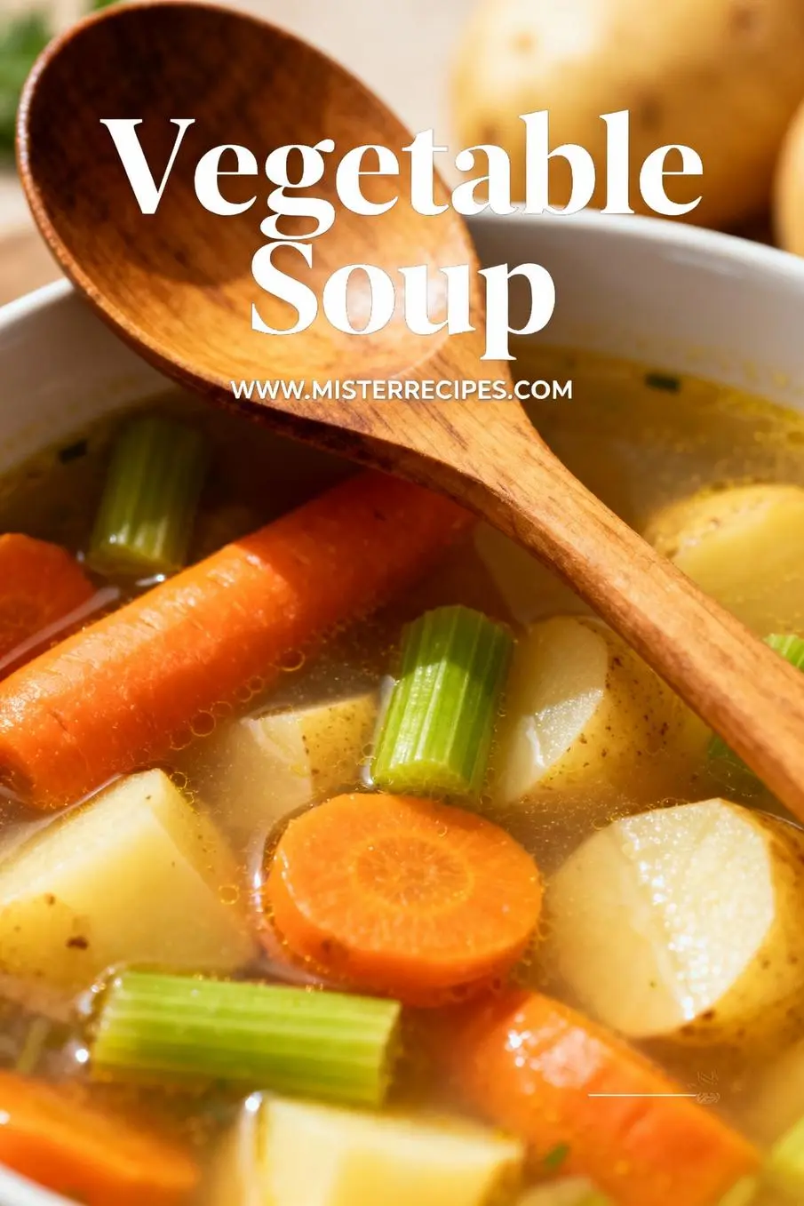 image of A realistic top down mise en place shot showing fresh carrots celery onion potatoes tomatoes green beans corn peas zucchini garlic broccoli cabbage Italian seasoning bay leaves and lemon juice arranged on a white marble kitchen counter with healthy clear glass bowls and rustic brown wooden kitchen sets under soft diffuse daylight