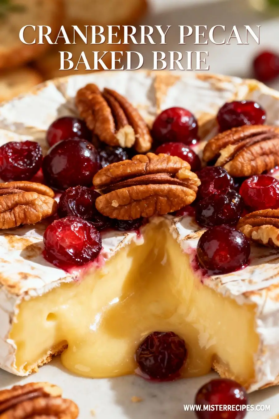 image of a top down mise en place shot showing a wheel of brie cheese whole berry cranberry sauce pecans brown sugar honey orange zest fresh rosemary and crostinis arranged on a white marble kitchen counter with healthy clear glass bowls and rustic brown wooden kitchen sets under soft diffuse daylight