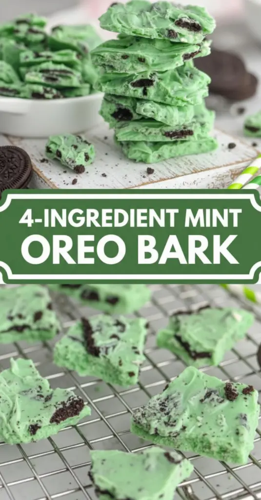 recipe image of mint oreos white chocolate chips green sprinkles vanilla almond bark on white marble with clear glass bowls rustic wooden kitchen sets under soft diffuse daylight