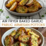 recipe image of a realistic top down mise en place shot showing russet yukon gold baby potatoes garlic powder minced garlic parmesan cheese olive oil salt black pepper italian seasoning parsley onion powder paprika butter chives arranged on a white marble kitchen counter with healthy clear glass bowls and rustic brown wooden kitchen sets under soft diffuse daylight