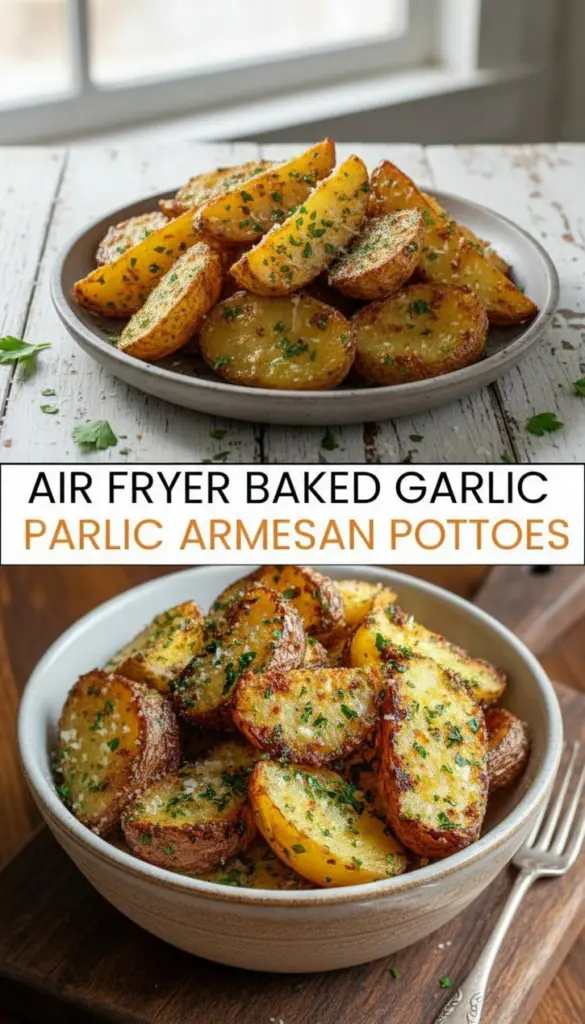 recipe image of a realistic top down mise en place shot showing russet yukon gold baby potatoes garlic powder minced garlic parmesan cheese olive oil salt black pepper italian seasoning parsley onion powder paprika butter chives arranged on a white marble kitchen counter with healthy clear glass bowls and rustic brown wooden kitchen sets under soft diffuse daylight