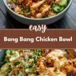 recipe image of top down shot of fresh chicken breast jasmine rice mayonnaise sweet chili sauce honey sriracha red cabbage carrots cucumber avocado broccoli garlic powder paprika salt pepper sesame seeds green onions cilantro lime arranged on a white marble kitchen counter with healthy clear glass bowls and rustic brown wooden kitchen sets under soft diffuse daylight