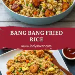 recipe image of realistic top down mise en place shot showing the fresh ingredients cooked rice jasmine or long grain day old chicken breast or thigh diced bang bang sauce mayo sweet chili sauce sriracha eggs soy sauce sesame oil garlic ginger onions white green carrots peas butter lemon juice paprika cornstarch for coating arranged on a white marble kitchen counter with healthy clear glass bowls and rustic brown wooden kitchen sets under soft diffuse daylight