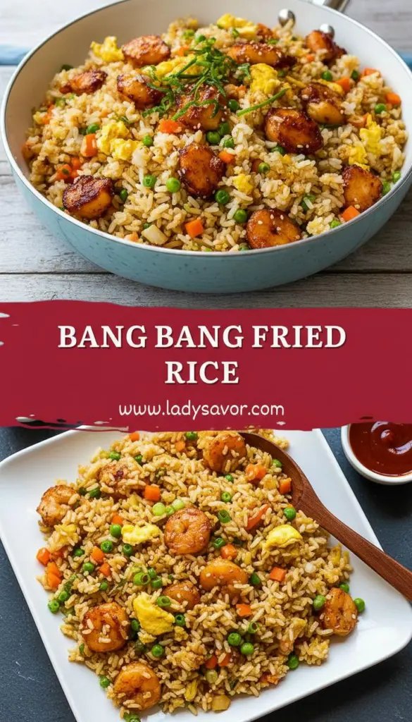 recipe image of realistic top down mise en place shot showing the fresh ingredients cooked rice jasmine or long grain day old chicken breast or thigh diced bang bang sauce mayo sweet chili sauce sriracha eggs soy sauce sesame oil garlic ginger onions white green carrots peas butter lemon juice paprika cornstarch for coating arranged on a white marble kitchen counter with healthy clear glass bowls and rustic brown wooden kitchen sets under soft diffuse daylight