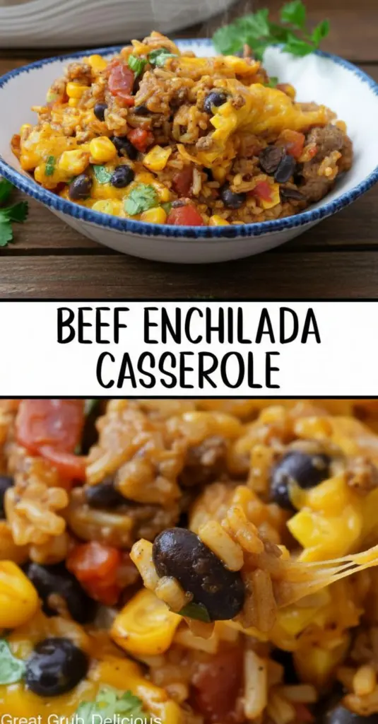 recipe image of ground beef enchilada sauce corn tortillas shredded cheddar Monterey Jack onion garlic black beans corn green chiles bell pepper rice olives scallions salsa verde flour tortillas chicken pinto beans all arranged in clear glass bowls on white marble kitchen counter with rustic brown wooden kitchen tools in soft daylight