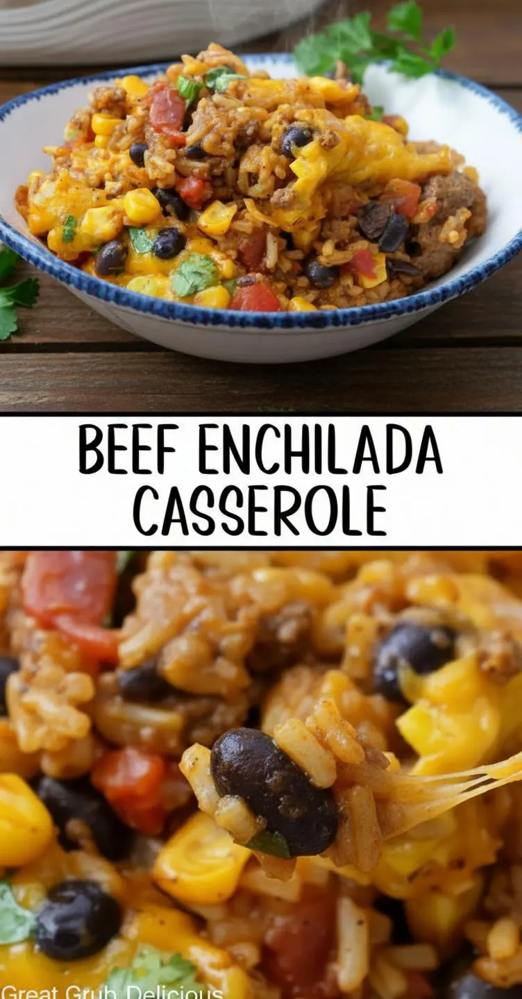 recipe image of ground beef enchilada sauce corn tortillas shredded cheddar Monterey Jack onion garlic black beans corn green chiles bell pepper rice olives scallions salsa verde flour tortillas chicken pinto beans all arranged in clear glass bowls on white marble kitchen counter with rustic brown wooden kitchen tools in soft daylight