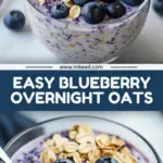 recipe image of realistic top down mise en place shot showing the fresh ingredients rolled oats blueberries fresh frozen milk almond dairy etc greek yogurt chia seeds maple syrup vanilla extract arranged on a white marble kitchen counter with healthy clear glass bowls and rustic brown wooden kitchen sets under soft diffuse daylight