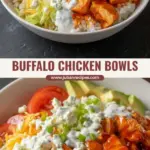 recipe image of a realistic top down mise en place shot showing the fresh ingredients chicken breasts chicken thighs buffalo sauce franks rice white brown cauliflower avocado oil garlic powder onion powder salt pepper broccoli carrots green onions red onion celery mixed greens avocado pickles jalape os cherry tomatoes blue cheese crumbles ranch dressing black beans cheddar cheese arranged on a white marble kitchen counter with healthy clear glass bowls and rustic brown wooden kitchen sets under soft diffuse daylight