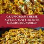 recipe image of realistic top down mise en place shot showing fresh ingredients bowtie pasta ground beef cream cheese milk heavy cream Parmesan cheese Cajun seasoning butter garlic salt pepper red pepper flakes onions green peppers parsley arranged on a white marble kitchen counter with healthy clear glass bowls and rustic brown wooden kitchen sets under soft diffuse daylight