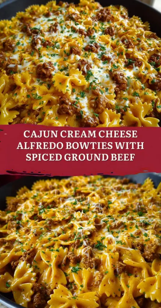 recipe image of realistic top down mise en place shot showing fresh ingredients bowtie pasta ground beef cream cheese milk heavy cream Parmesan cheese Cajun seasoning butter garlic salt pepper red pepper flakes onions green peppers parsley arranged on a white marble kitchen counter with healthy clear glass bowls and rustic brown wooden kitchen sets under soft diffuse daylight