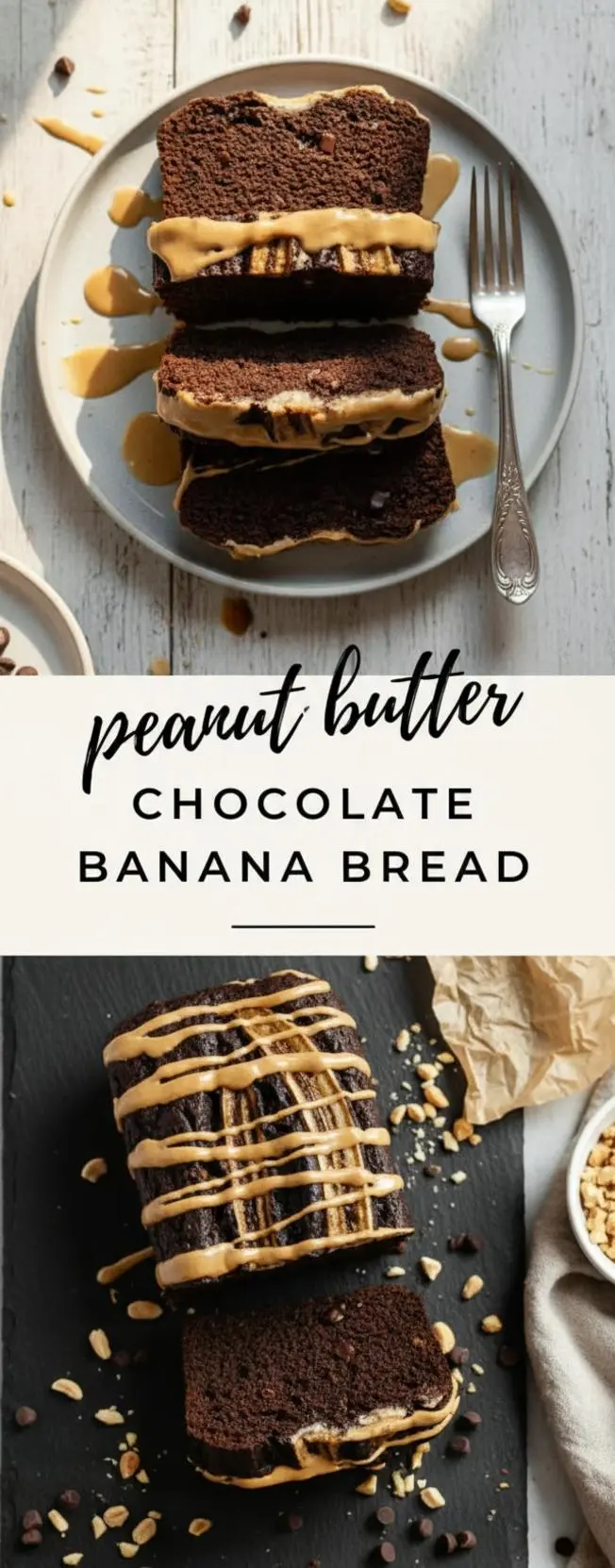 recipe image of ripe bananas creamy peanut butter cocoa powder chocolate chips eggs all purpose flour baking soda vanilla extract brown sugar butter greek yogurt oil honey milk arranged on a white marble kitchen counter healthy clear glass bowls rustic brown wooden kitchen sets soft diffuse daylight