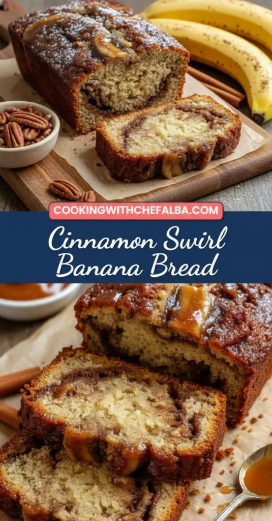 recipe image of A stunning realistic top down photograph of a complete mise en place for cinnamon swirl banana bread on a beautiful white marble kitchen counter Ingredients include ripe bananas unsalted butter granulated sugar brown sugar eggs vanilla extract all purpose flour baking soda baking powder ground cinnamon salt mashed banana sour cream yogurt nutmeg chocolate chips walnuts dried fruit and vanilla icing The ingredients are meticulously arranged in healthy clear glass bowls and displayed with rustic brown wooden kitchen sets The scene is bathed in soft diffuse daylight casting gentle shadows Professional food photography quality