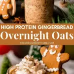 recipe image of Top down mise en place shot showing rolled oats vanilla protein powder almond milk greek yogurt maple syrup molasses chia seeds vanilla extract cinnamon ginger nutmeg cloves salt on a white marble kitchen counter with healthy clear glass bowls and rustic brown wooden kitchen sets under soft diffuse daylight