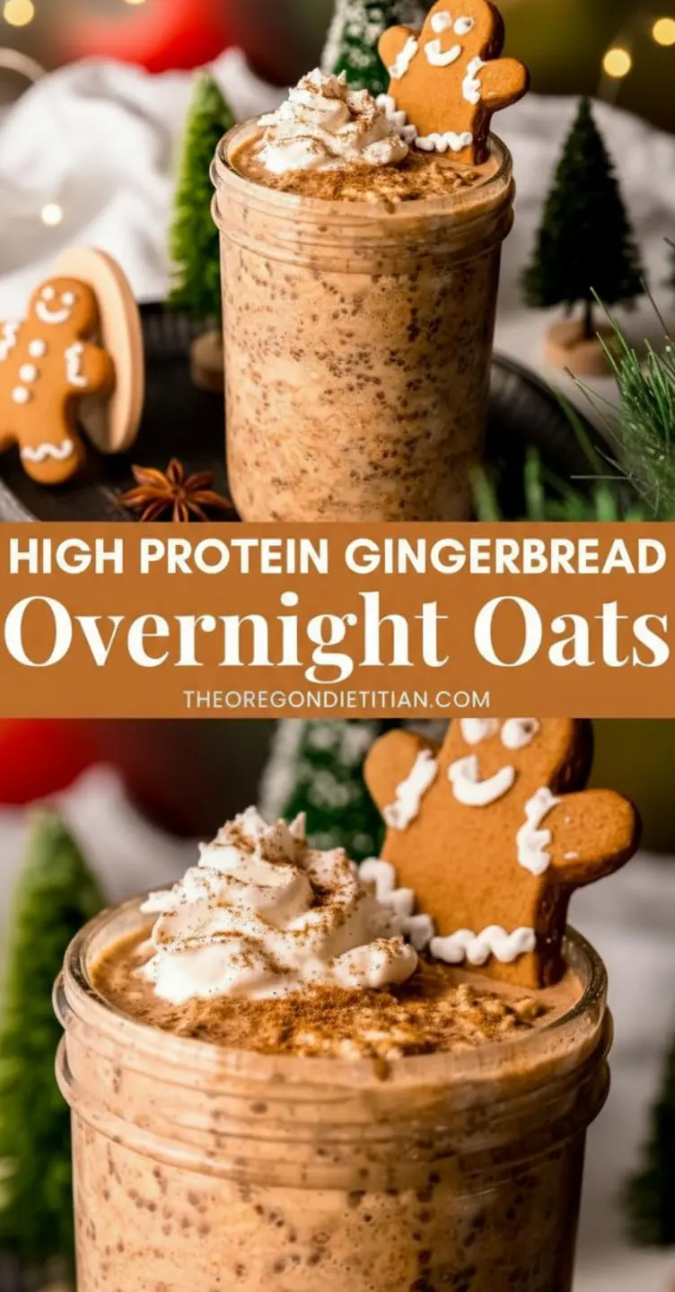 recipe image of Top down mise en place shot showing rolled oats vanilla protein powder almond milk greek yogurt maple syrup molasses chia seeds vanilla extract cinnamon ginger nutmeg cloves salt on a white marble kitchen counter with healthy clear glass bowls and rustic brown wooden kitchen sets under soft diffuse daylight