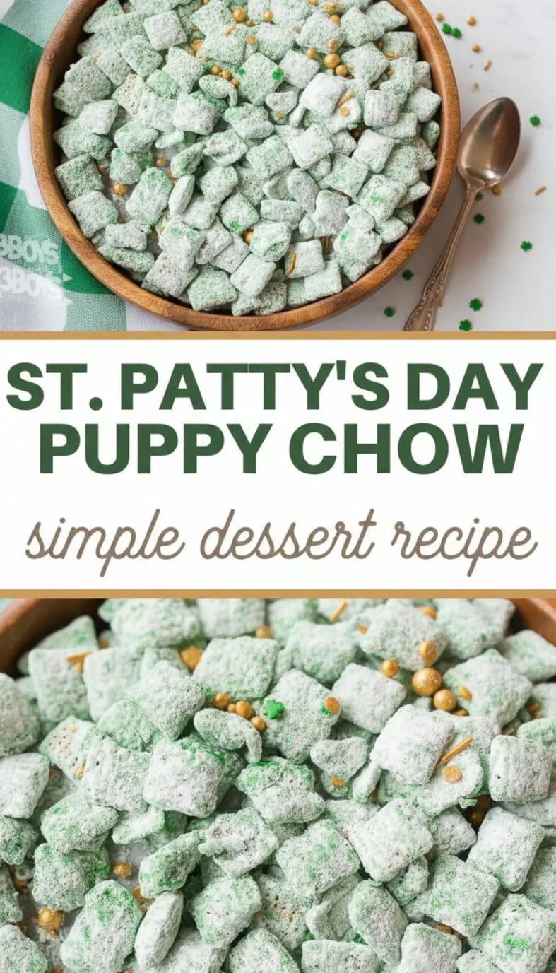 recipe image of Rice Chex cereal powdered sugar green candy melts white chocolate chips green gel color peanut butter chocolate chips sugar cookie mix frosting green M Ms Andes mints Lucky Charms marshmallows pretzels sprinkles jelly beans on a white marble kitchen counter with clear glass bowls and rustic brown wooden kitchen sets under soft diffuse daylight