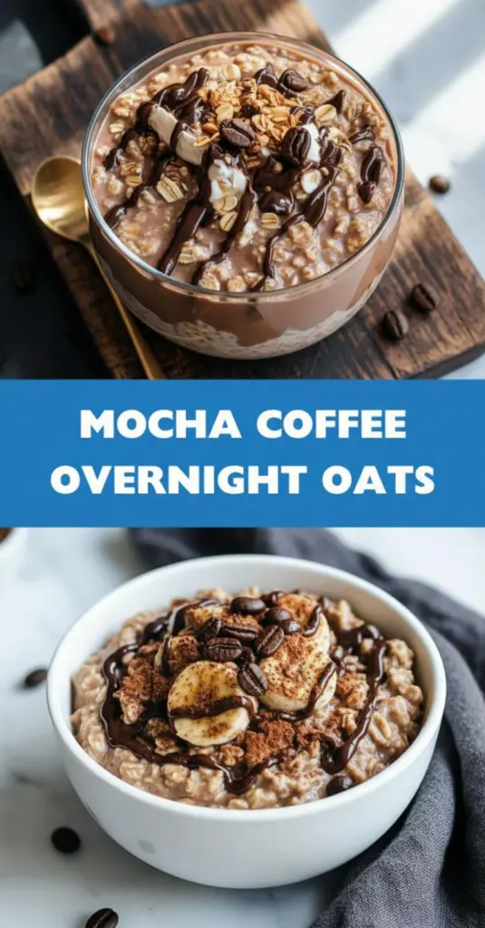 recipe image of rolled oats quick oats old fashioned oats unsweetened cocoa powder cacao powder brewed coffee espresso shots instant coffee instant espresso powder almond milk oat milk soy milk cashew milk greek yogurt plain yogurt vanilla extract maple syrup honey agave syrup chia seeds flax seeds chocolate chips cacao nibs peanut butter almonds walnuts berries frozen cherries protein powder cinnamon sea salt cocoa nibs arranged on a white marble kitchen counter with healthy clear glass bowls and rustic brown wooden kitchen sets under soft diffuse daylight