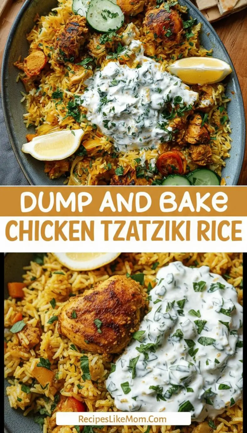 recipe image of chicken breasts or thighs long grain white rice tzatziki sauce chicken broth lemon juice olive oil zucchini smoked paprika cumin garlic powder onion powder oregano thyme parsley feta cheese pita bread cayenne pepper turmeric arranged on a white marble kitchen counter with healthy clear glass bowls and rustic brown wooden kitchen sets under soft diffuse daylight