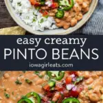 recipe image of dried pinto beans water onion garlic olive oil bay leaves salt cumin oregano jalapeno ham hock bacon chili powder in clear glass bowls with rustic brown wooden kitchen sets on a white marble kitchen counter under soft diffuse daylight