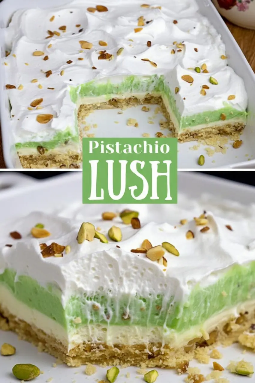 recipe image of instant pistachio pudding mix graham cracker crumbs cream cheese cool whip whipped topping melted butter powdered sugar milk walnuts almonds crushed pistachios white chocolate heavy cream flour brown sugar chocolate syrup green food coloring mini marshmallows fruit cocktail shortbread cookies pecans whipping cream on a white marble kitchen counter with clear glass bowls and rustic brown wooden kitchen sets under soft diffuse daylight