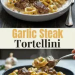 recipe image of sirloin steak or strip steak cheese tortellini minced garlic parmesan cheese butter heavy cream chicken broth olive oil yellow onion bell peppers zucchini grape tomatoes pepper onion blend arranged on a white marble kitchen counter with healthy clear glass bowls and rustic brown wooden kitchen sets under soft diffuse daylight