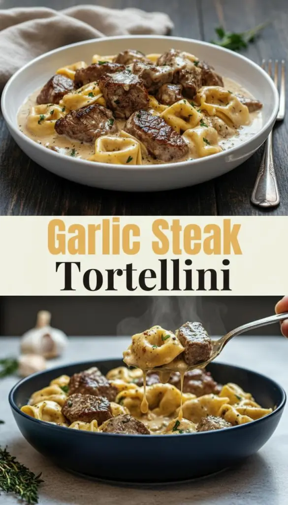 recipe image of sirloin steak or strip steak cheese tortellini minced garlic parmesan cheese butter heavy cream chicken broth olive oil yellow onion bell peppers zucchini grape tomatoes pepper onion blend arranged on a white marble kitchen counter with healthy clear glass bowls and rustic brown wooden kitchen sets under soft diffuse daylight