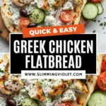 recipe image of a top down mise en place shot showing chicken breast flatbread naan pita feta cheese tzatziki hummus greek yogurt olive oil lemon juice oregano garlic cucumber cherry tomatoes red onion kalamata olives bell peppers arranged on a white marble kitchen counter with healthy clear glass bowls and rustic brown wooden kitchen sets under soft diffuse daylight