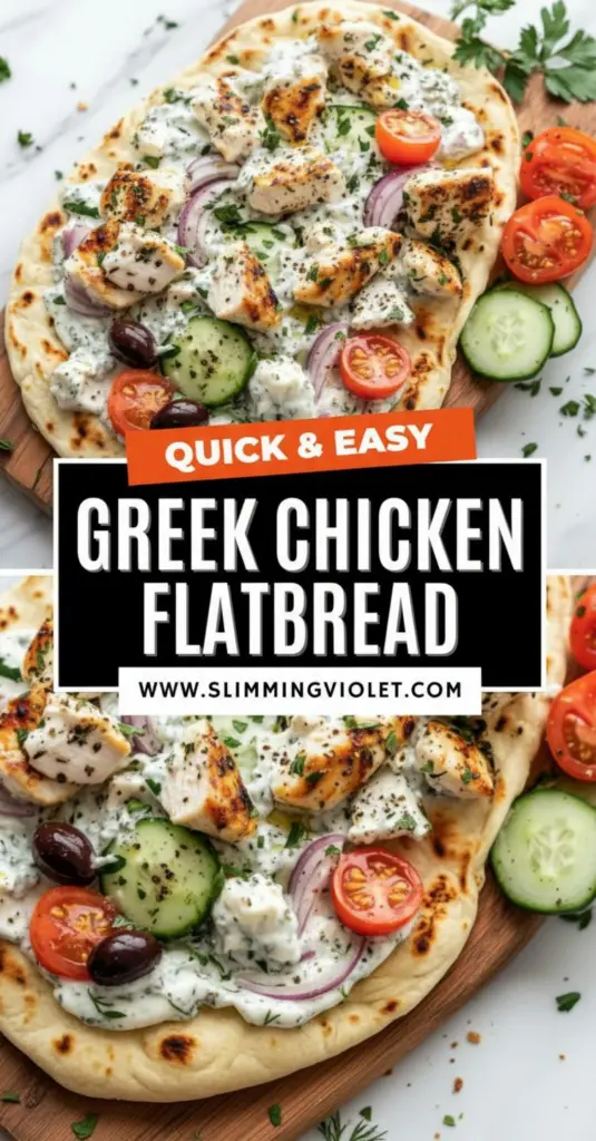 recipe image of a top down mise en place shot showing chicken breast flatbread naan pita feta cheese tzatziki hummus greek yogurt olive oil lemon juice oregano garlic cucumber cherry tomatoes red onion kalamata olives bell peppers arranged on a white marble kitchen counter with healthy clear glass bowls and rustic brown wooden kitchen sets under soft diffuse daylight