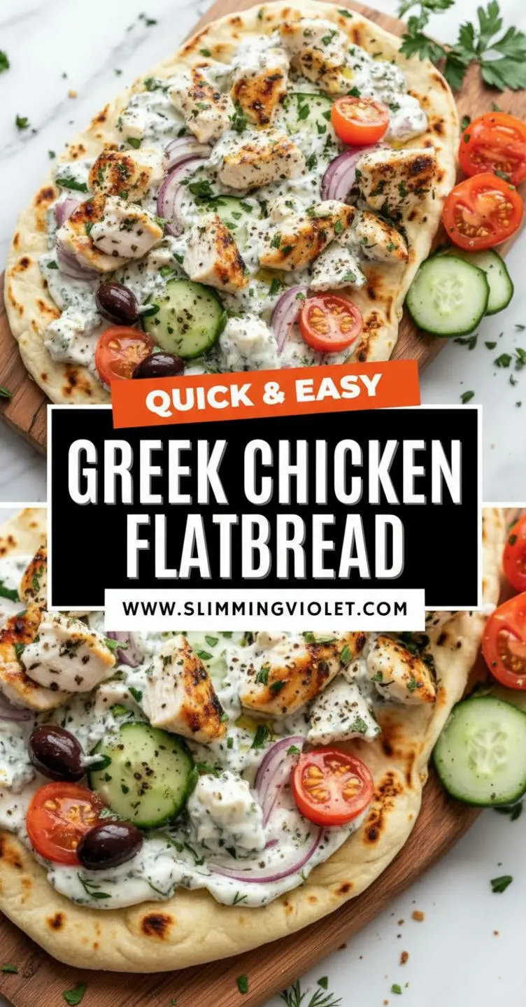 recipe image of a top down mise en place shot showing chicken breast flatbread naan pita feta cheese tzatziki hummus greek yogurt olive oil lemon juice oregano garlic cucumber cherry tomatoes red onion kalamata olives bell peppers arranged on a white marble kitchen counter with healthy clear glass bowls and rustic brown wooden kitchen sets under soft diffuse daylight