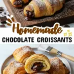 recipe image of a top down mise en place shot showing all purpose flour unsalted butter whole milk active dry yeast granulated sugar salt bittersweet chocolate egg confectioners sugar arranged on a white marble kitchen counter with healthy clear glass bowls and rustic brown wooden kitchen sets under soft diffuse daylight